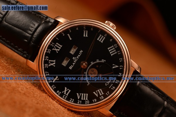 Blancpain Villeret Miyota 9015 Automatic Rose Gold Case With Black Dial Roman And Black Leather Strap (Ef) - Click Image to Close