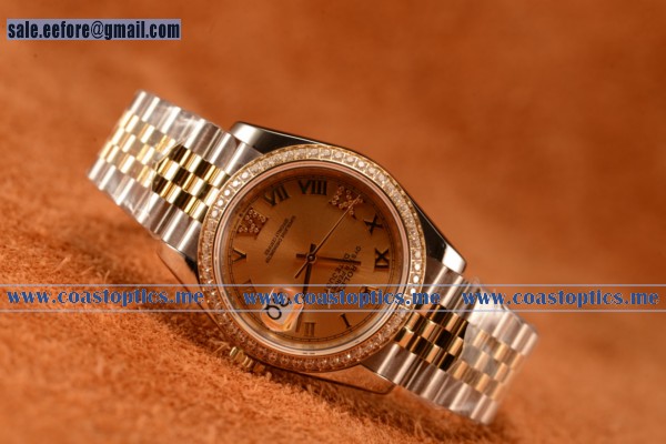 Rolex Datejust 37mm Swiss Eta 2836 Automatic Two Tone With Yg Dial And Roman Diamonds Markers Diamond Bezel