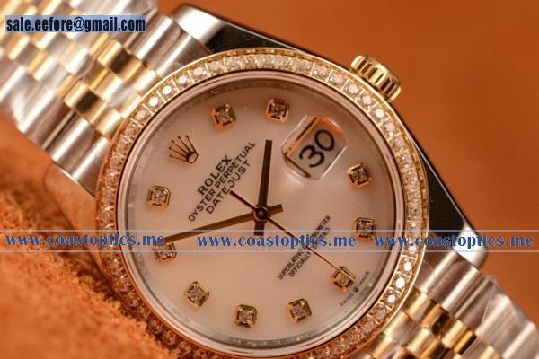 Rolex Datejust 37mm Swiss Eta 2836 Automatic Two Tone With White Mop Dial And Diamonds Markers Diamond Bezel