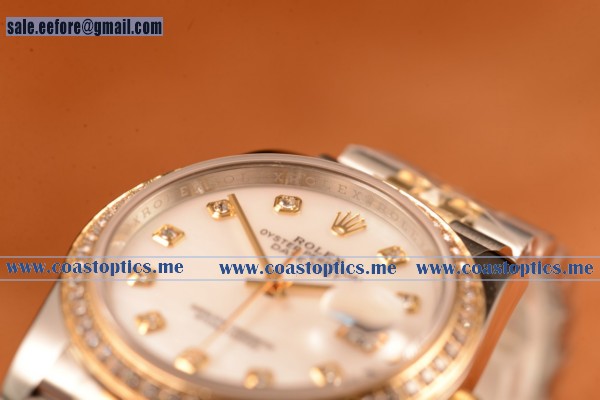 Rolex Datejust 37mm Swiss Eta 2836 Automatic Two Tone With White Mop Dial And Diamonds Markers Diamond Bezel