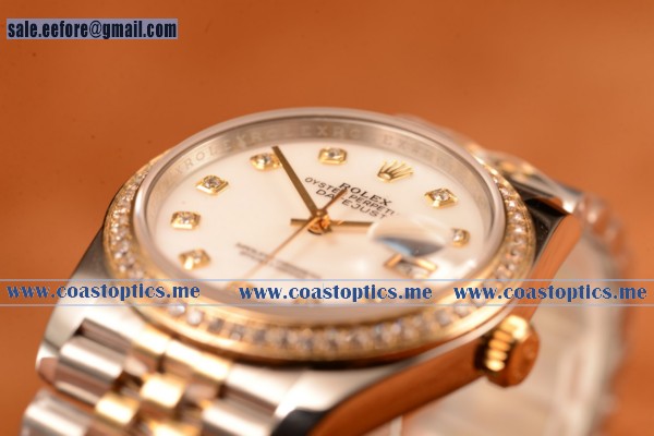 Rolex Datejust 37mm Swiss Eta 2836 Automatic Two Tone With White Mop Dial And Diamonds Markers Diamond Bezel