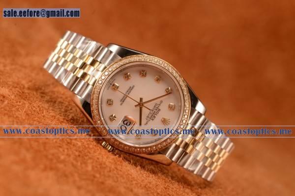 Rolex Datejust 37mm Swiss Eta 2836 Automatic Two Tone With White Mop Dial And Diamonds Markers Diamond Bezel